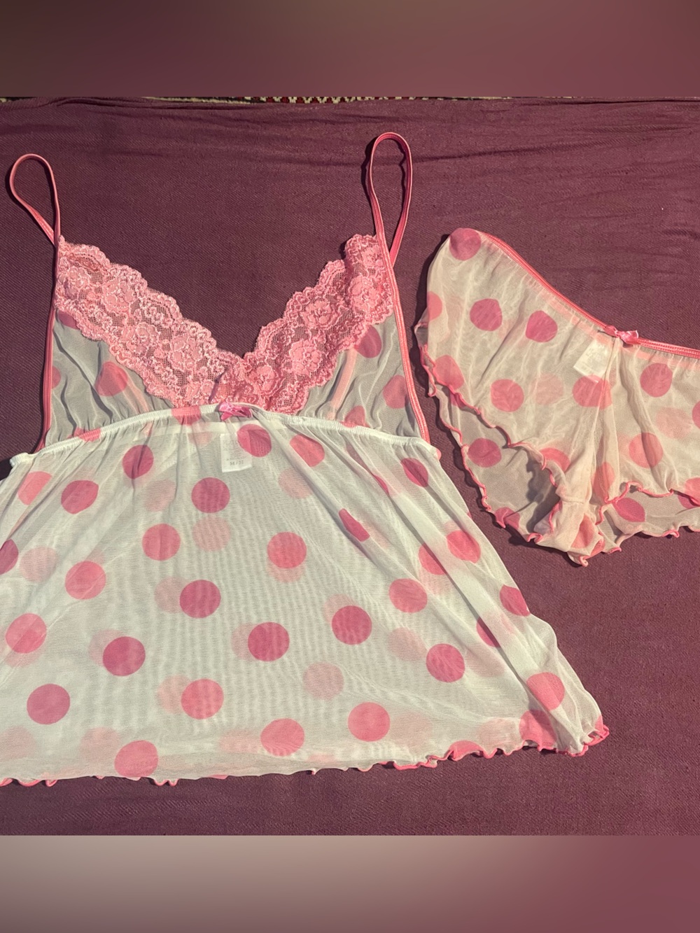 Pink Polka Dot Lace Trim Babydoll Set with Matching Briefs